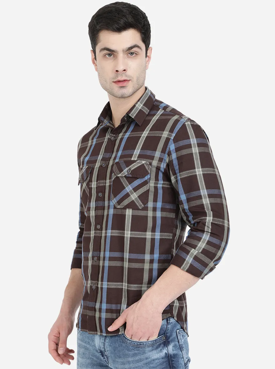 Brown Checked Slim Fit Semi Casual Shirt | Greenfibre