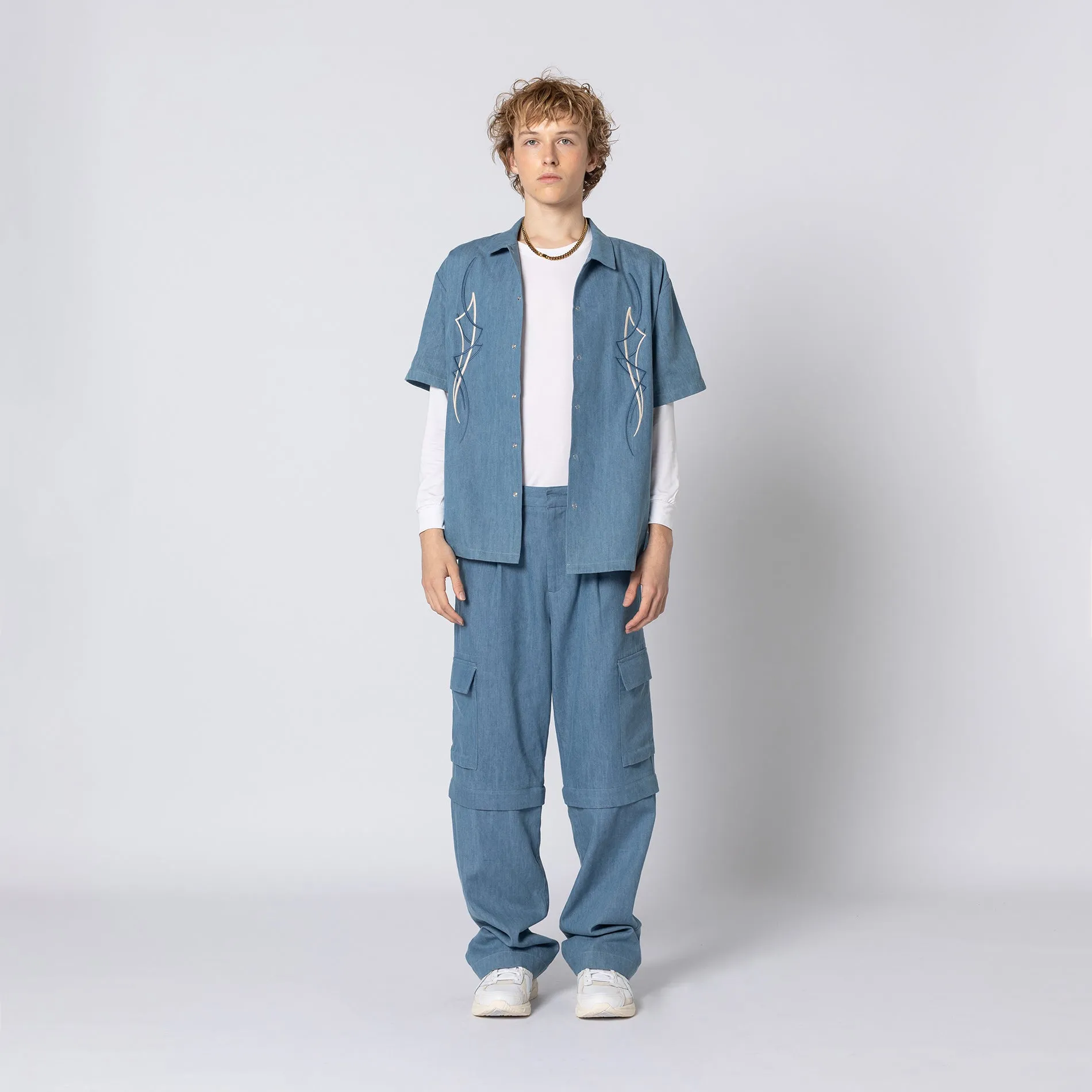 CHAMBRAY CARGO ZIP PANT