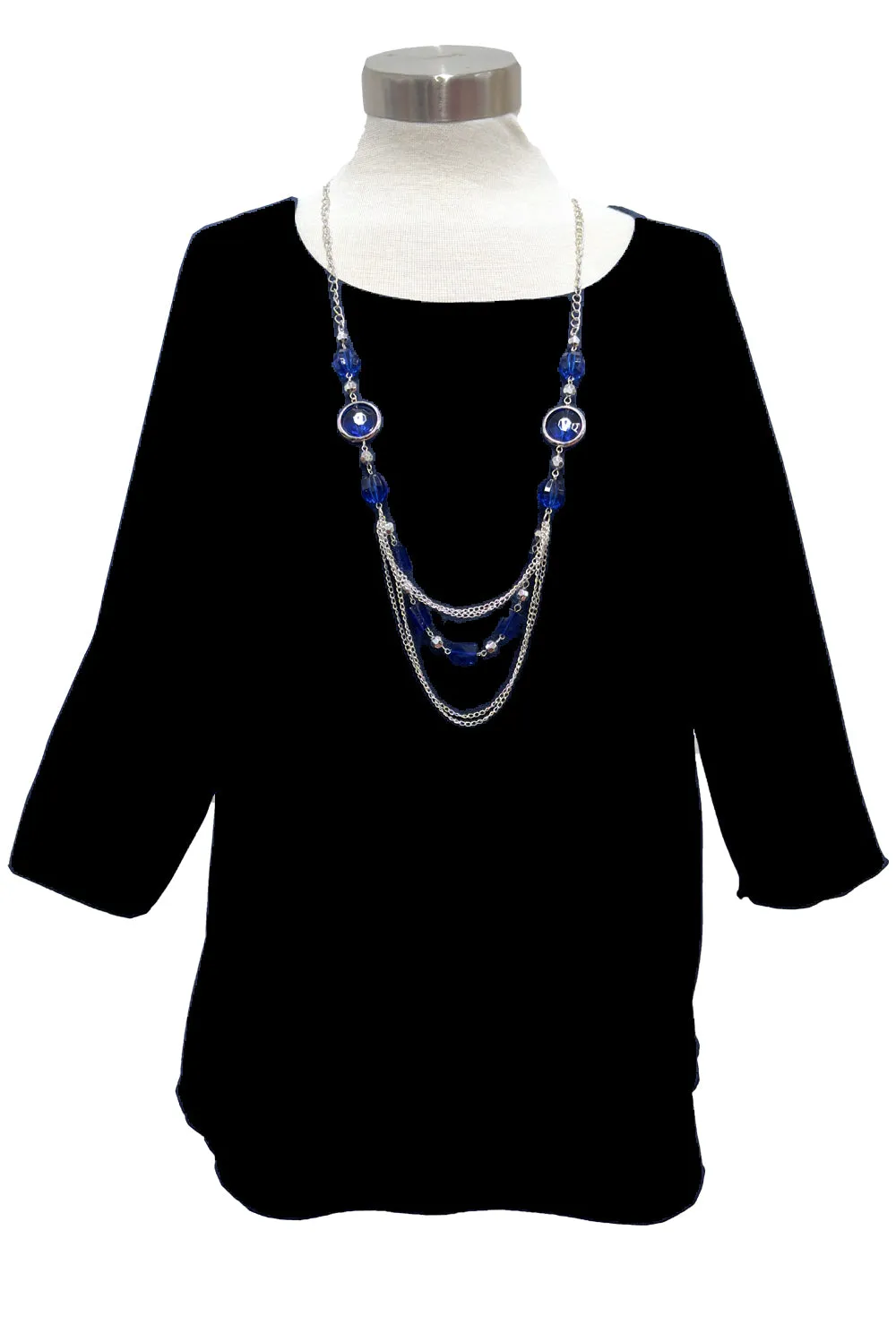 Chic Comfort: Navy Blue 3/4-Sleeve Scoop-Neck Tee and Necklace