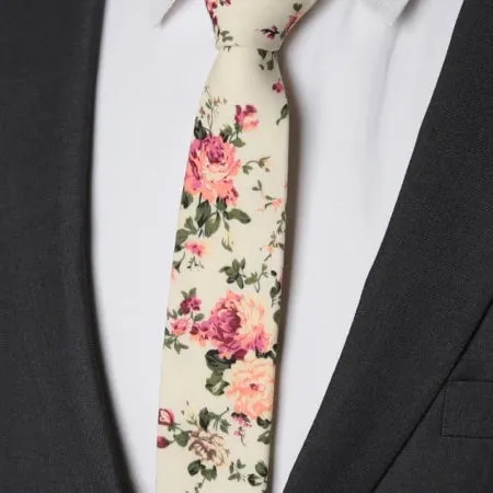 Classy Men Cream Pink Floral Skinny Cotton Tie