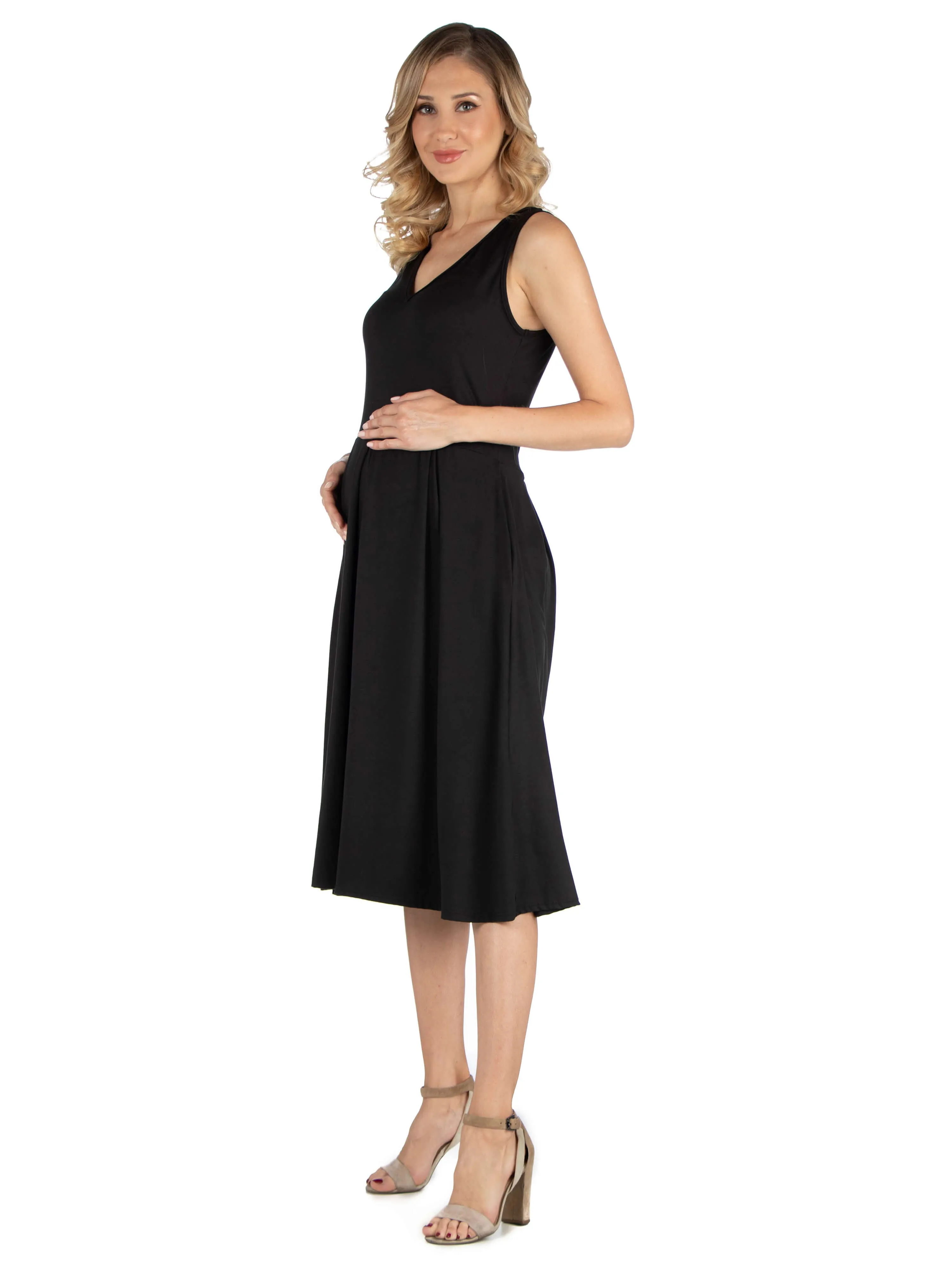 Fit and Flare Sleeveless Maternity Midi Dress with Pockets