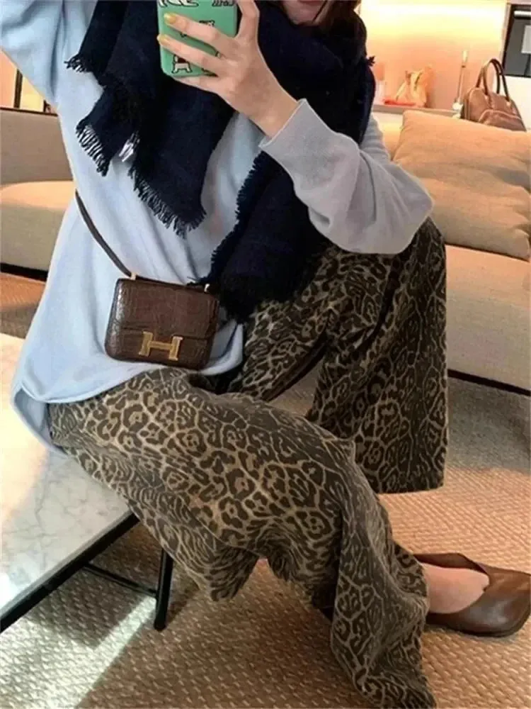 Girlary Baggy Wide Leg Jeans Women Leopard Print High Waist Straight Pants 2024 Spring Summer Fashion Streetwear Y2k Retro Denim Trouser