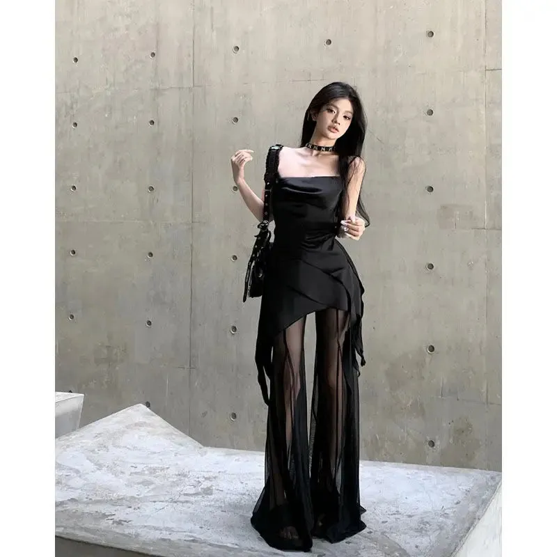 Girlary Black See Through Mesh Flare Pants Sets Wide Leg Women Sexy Lace Trousers with Tank Korean Streetwear Two-piece Dress