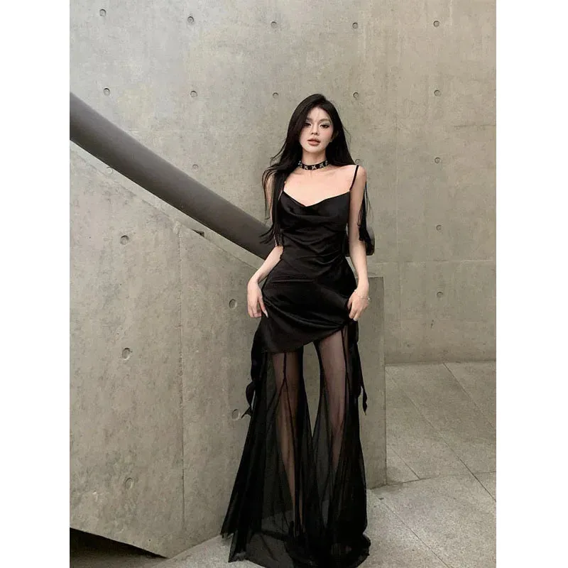 Girlary Black See Through Mesh Flare Pants Sets Wide Leg Women Sexy Lace Trousers with Tank Korean Streetwear Two-piece Dress