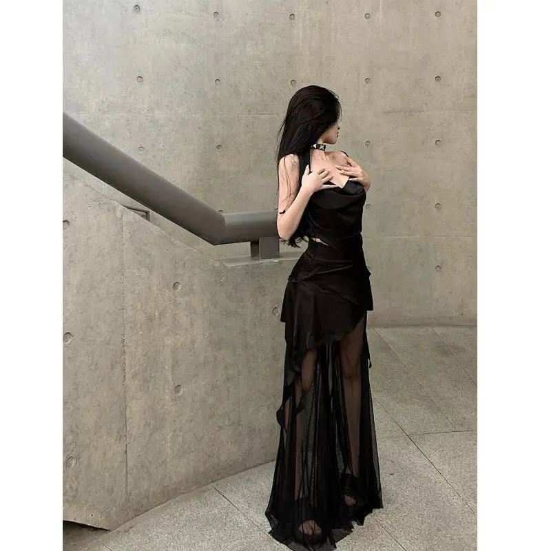 Girlary Black See Through Mesh Flare Pants Sets Wide Leg Women Sexy Lace Trousers with Tank Korean Streetwear Two-piece Dress