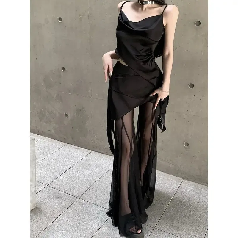 Girlary Black See Through Mesh Flare Pants Sets Wide Leg Women Sexy Lace Trousers with Tank Korean Streetwear Two-piece Dress