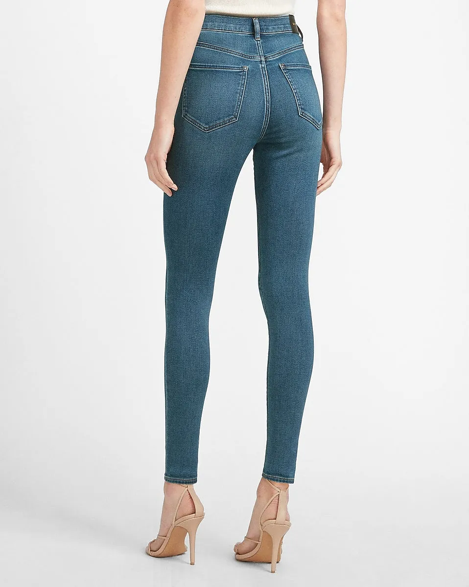 High Waisted Luxe Comfort Knit Faded Skinny Jeans in Dark Wash