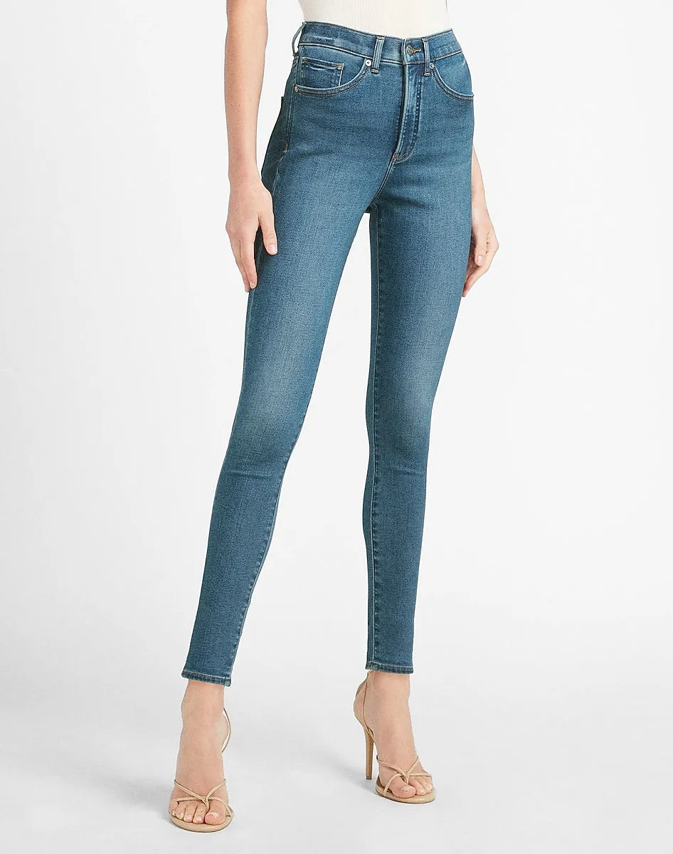 High Waisted Luxe Comfort Knit Faded Skinny Jeans in Dark Wash