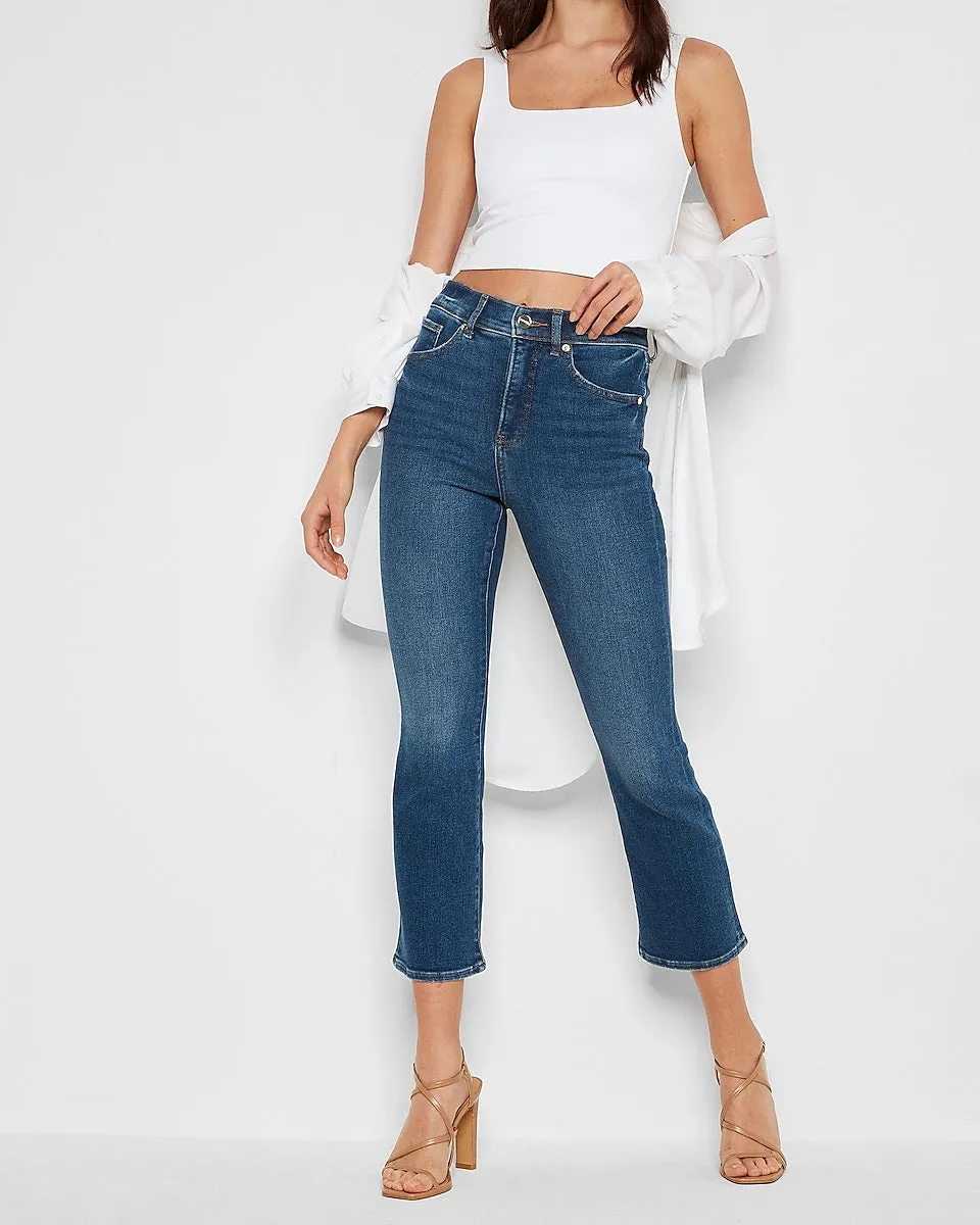 High Waisted Vintage Dark Wash Cropped Flare Jeans in Dark Wash