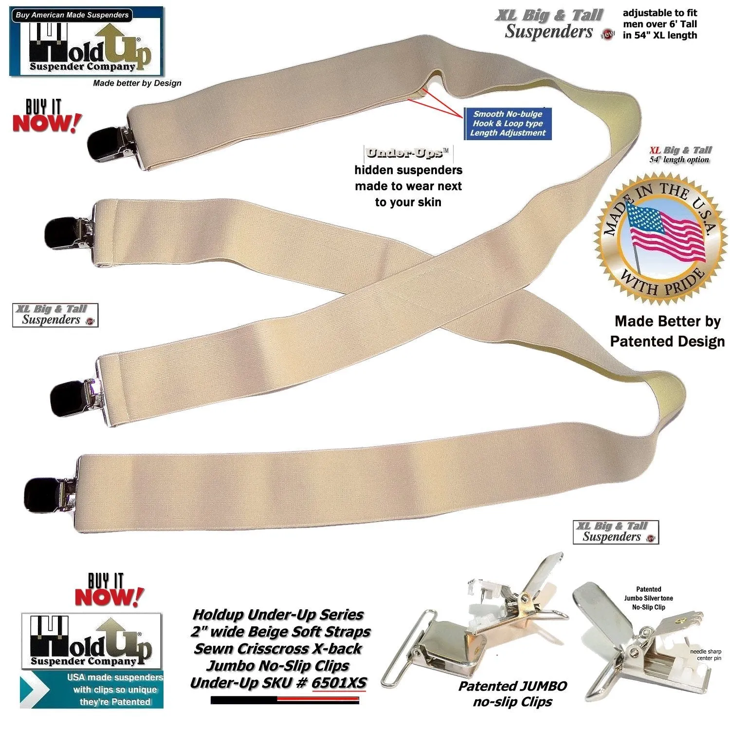 HoldUp beige Undergarment XL Hidden X-back Suspenders with Patented Silver No-slip Clips