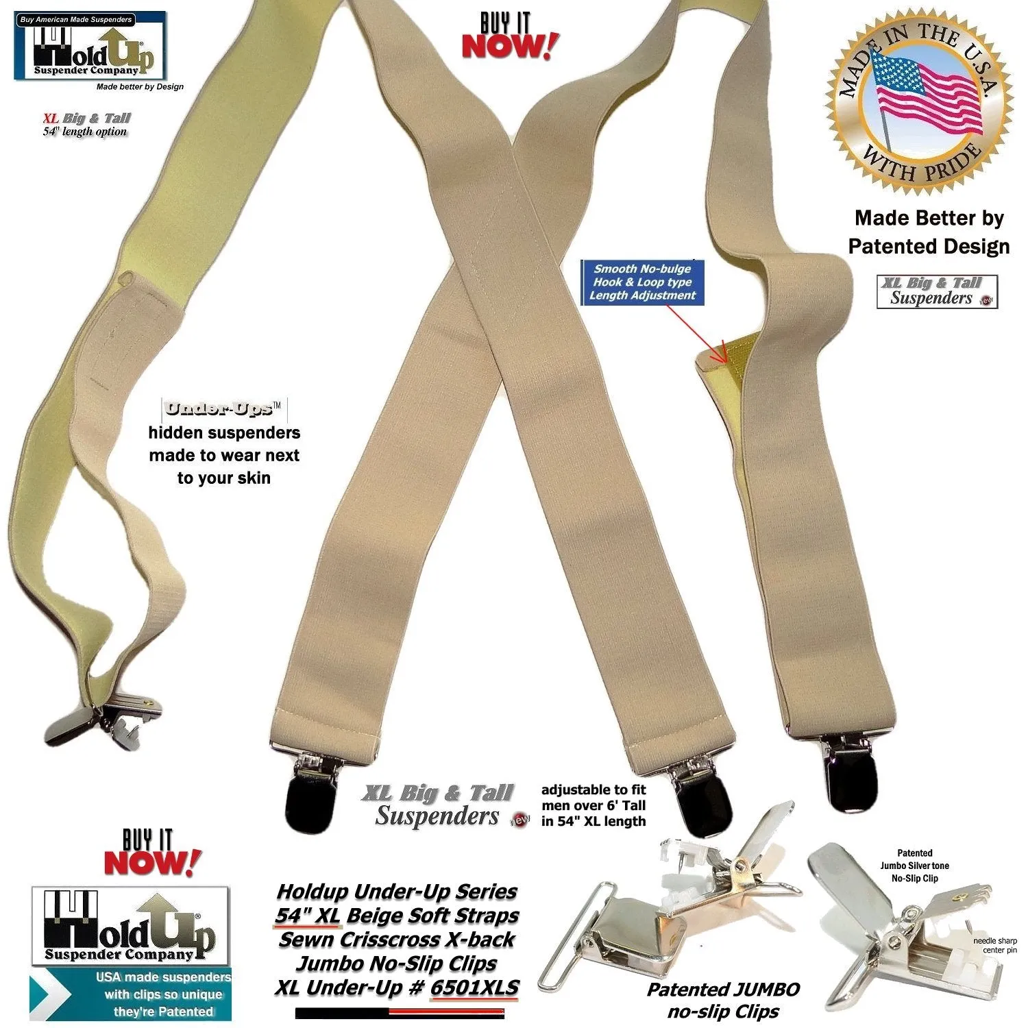 HoldUp beige Undergarment XL Hidden X-back Suspenders with Patented Silver No-slip Clips