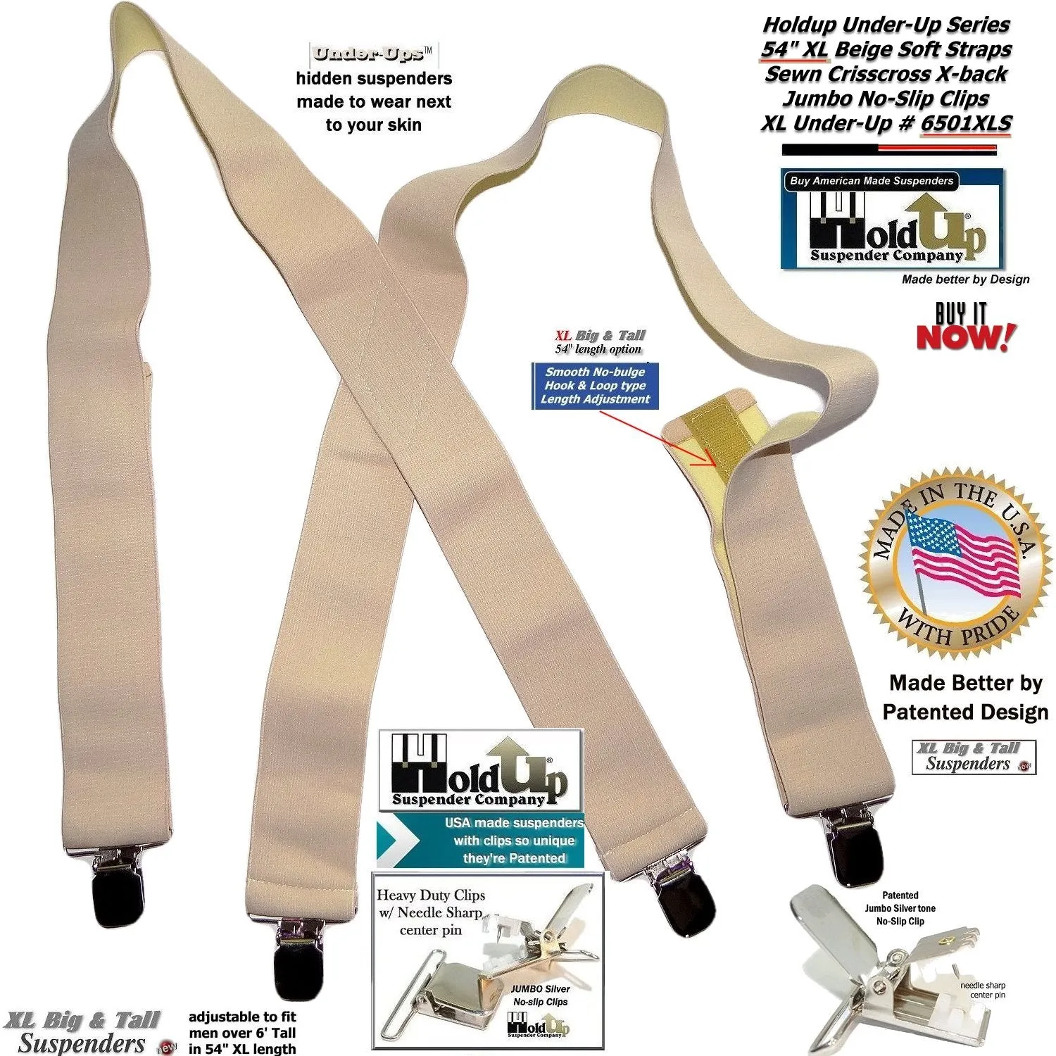 HoldUp beige Undergarment XL Hidden X-back Suspenders with Patented Silver No-slip Clips