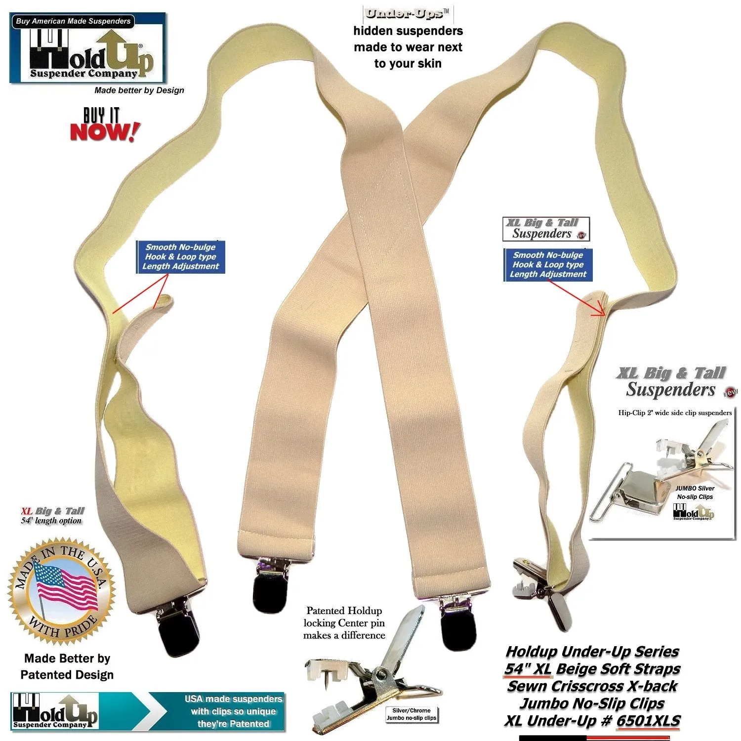 HoldUp beige Undergarment XL Hidden X-back Suspenders with Patented Silver No-slip Clips