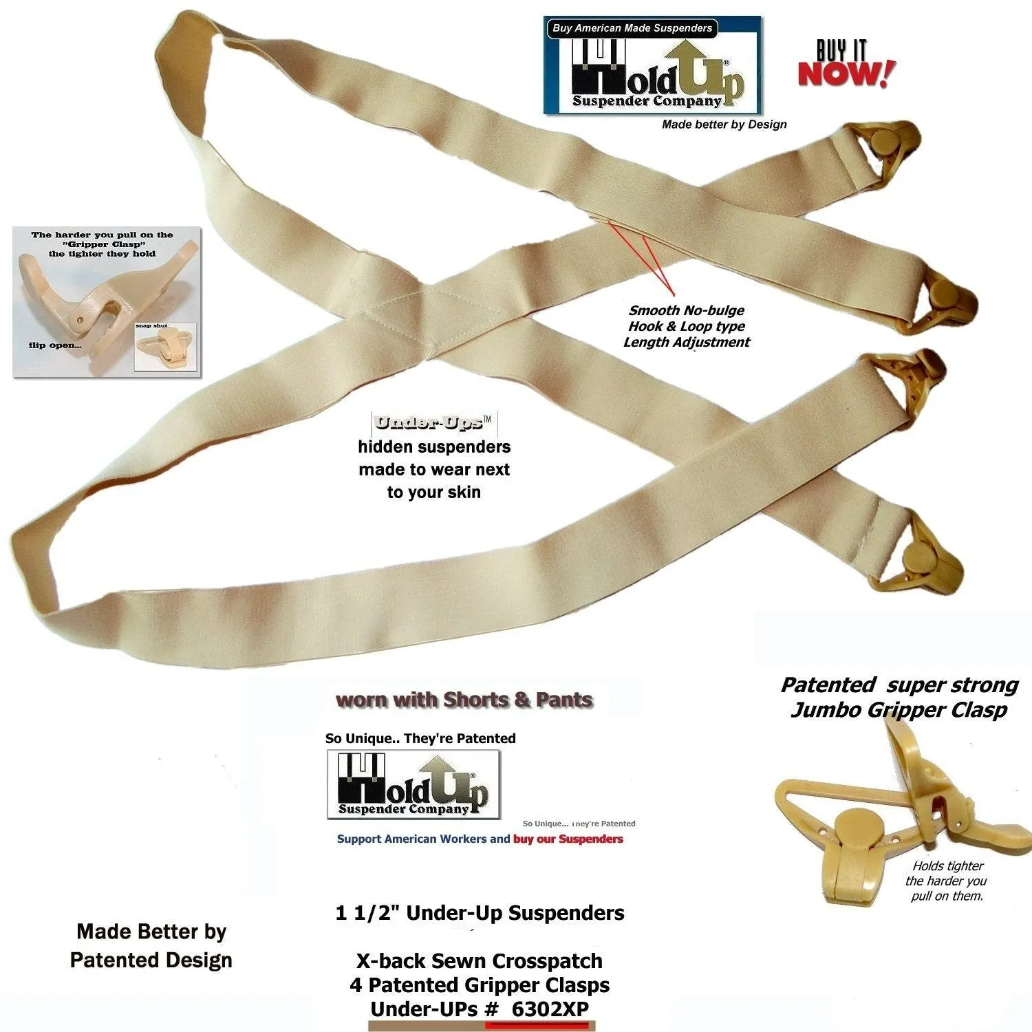 Holdup Brand Under-Up Series light tan hidden Suspenders with patented Tan Gripper Clasp