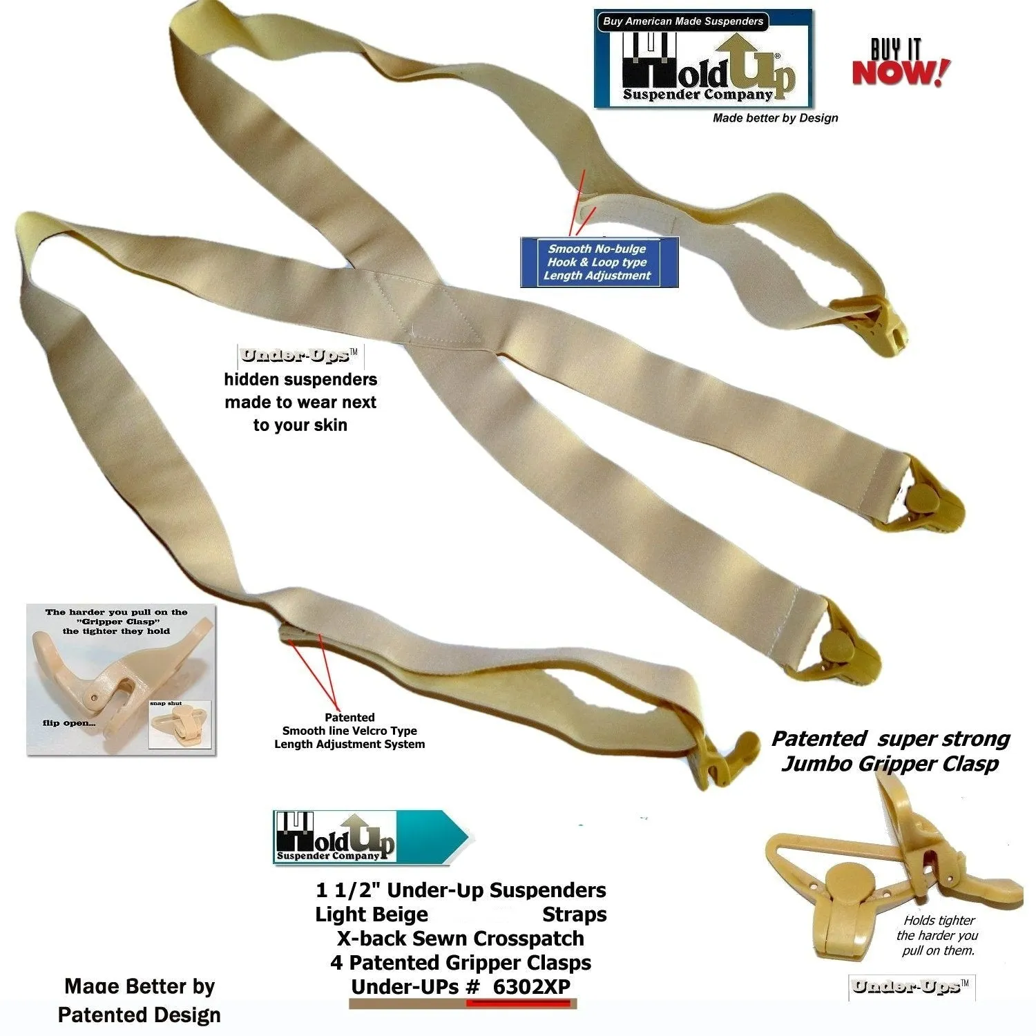 Holdup Brand Under-Up Series light tan hidden Suspenders with patented Tan Gripper Clasp