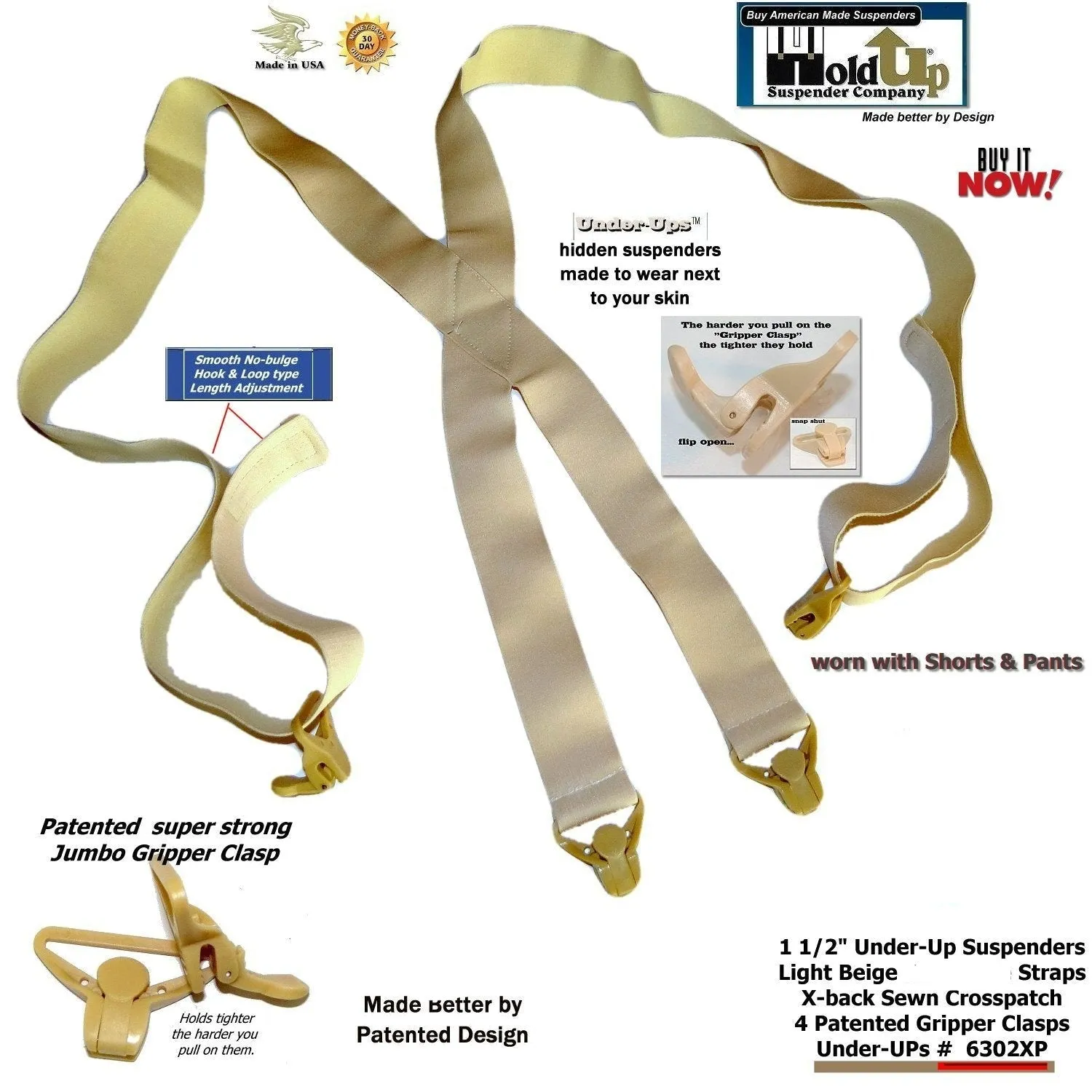 Holdup Brand Under-Up Series light tan hidden Suspenders with patented Tan Gripper Clasp