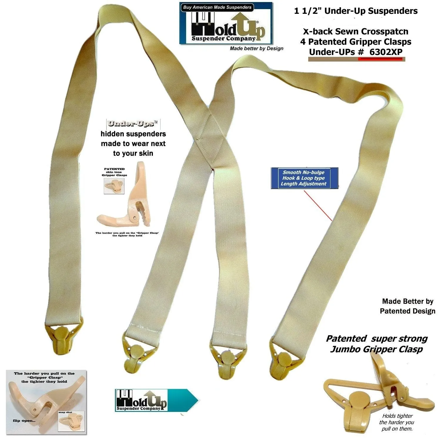 Holdup Brand Under-Up Series light tan hidden Suspenders with patented Tan Gripper Clasp