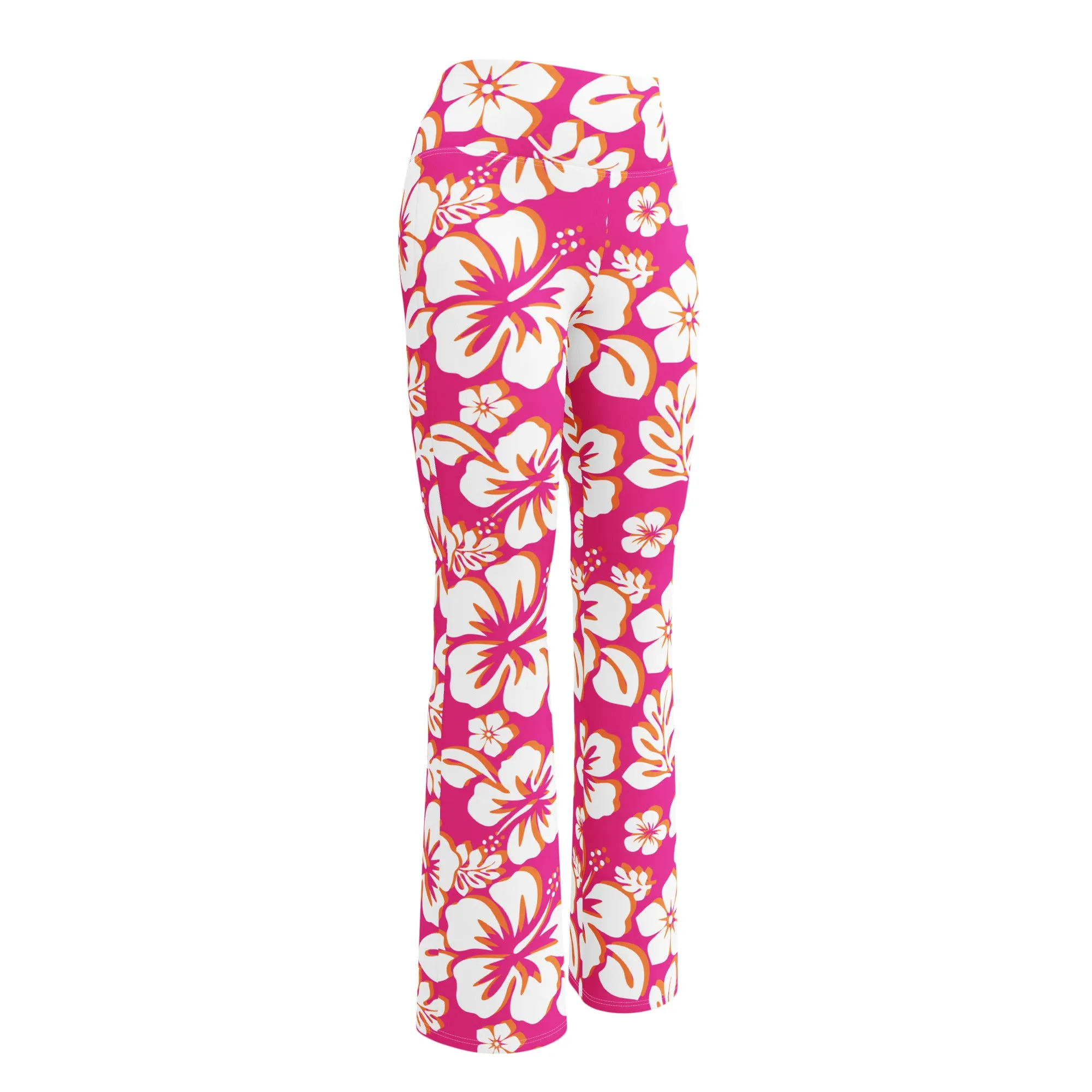 Hot Pink, Orange and White Hawaiian Flowers High Waist Flare Leggings