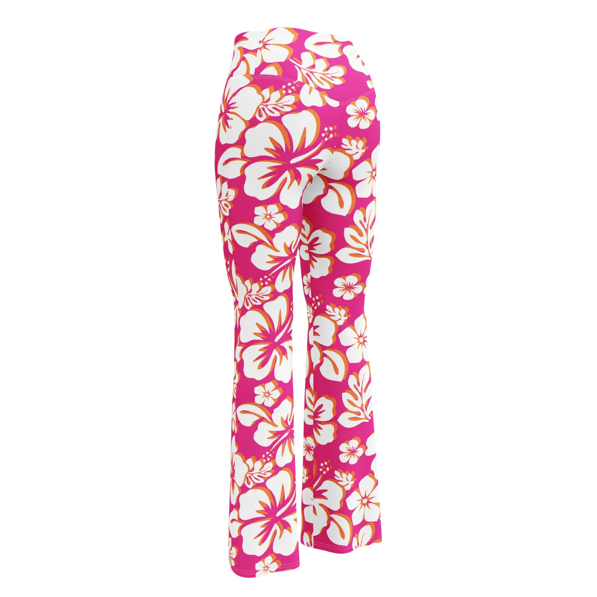 Hot Pink, Orange and White Hawaiian Flowers High Waist Flare Leggings