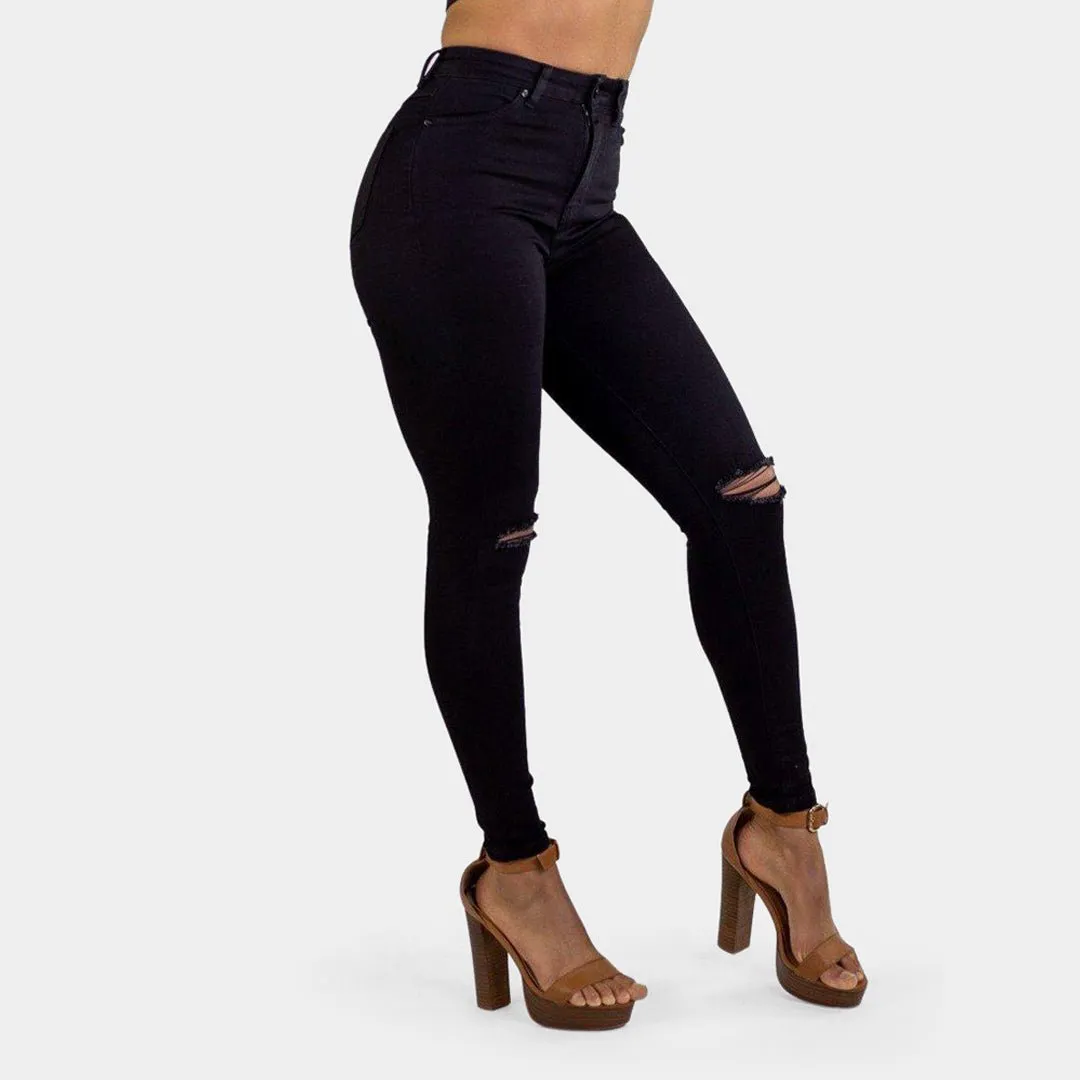 Impact High Waisted Skinny Jeans - Black Knee Rips