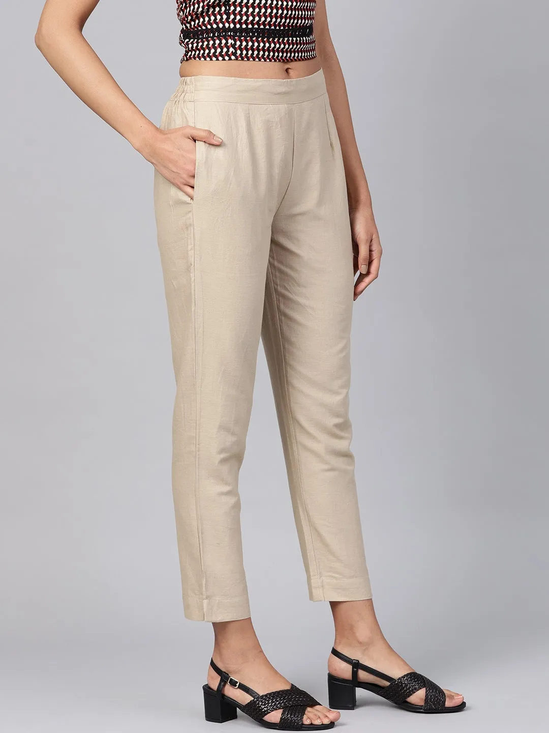 Jashvi Sand Grey Solid Cotton Flex Slim Fit Women Pants With Two Pockets