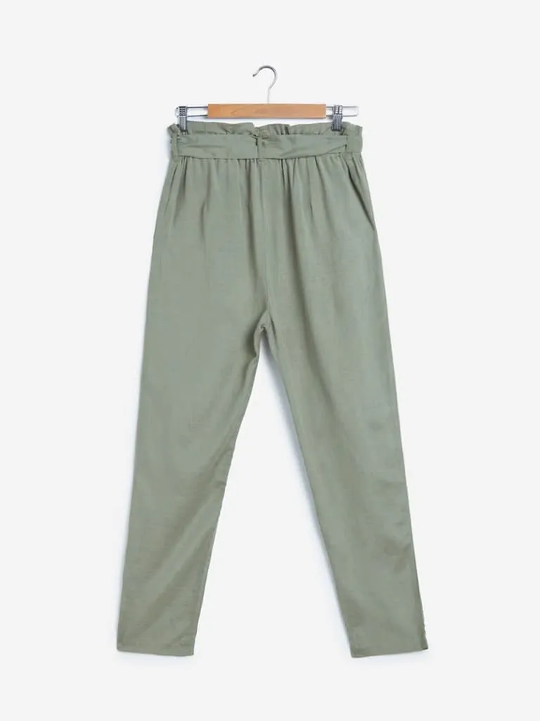 LOV Sage Green Paper-Bag Laila Pants With Belt