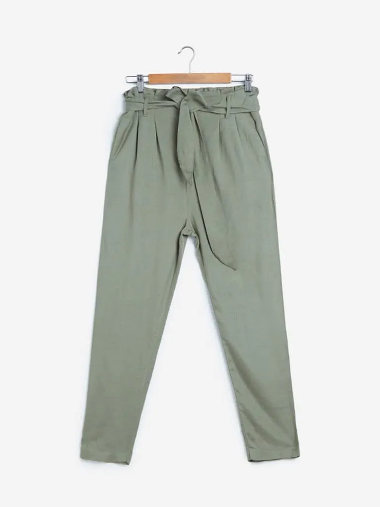 LOV Sage Green Paper-Bag Laila Pants With Belt