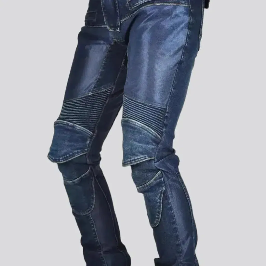 Mesh dark-wash men's biker jeans