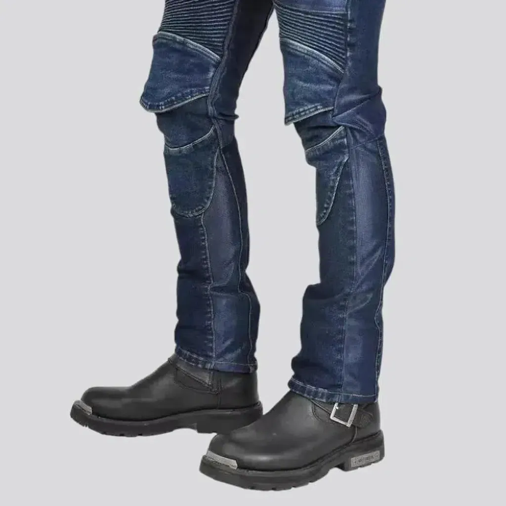 Mesh dark-wash men's biker jeans