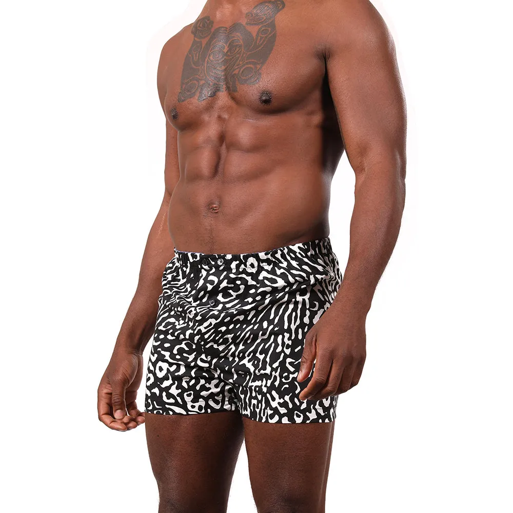 "LUCIEN" - Black & White Animal Print Slim-Cut Boxer Short -  Made In USA