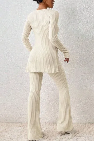 Ribbed Long Sleeve Slit Top and Bootcut Pants Set