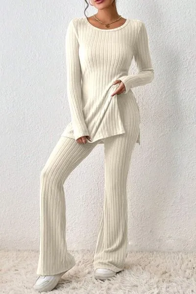 Ribbed Long Sleeve Slit Top and Bootcut Pants Set