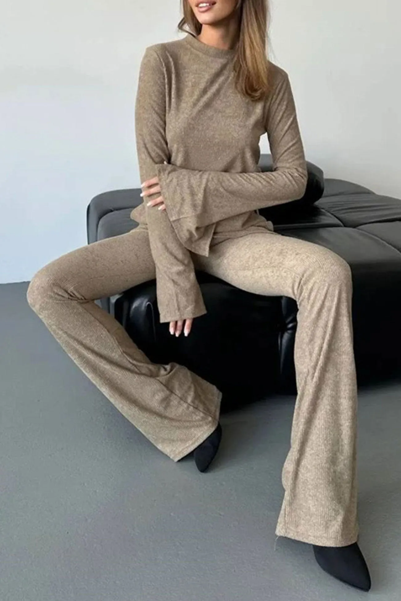 Solid Flares Sleeve Knit Tops Long Pants Set