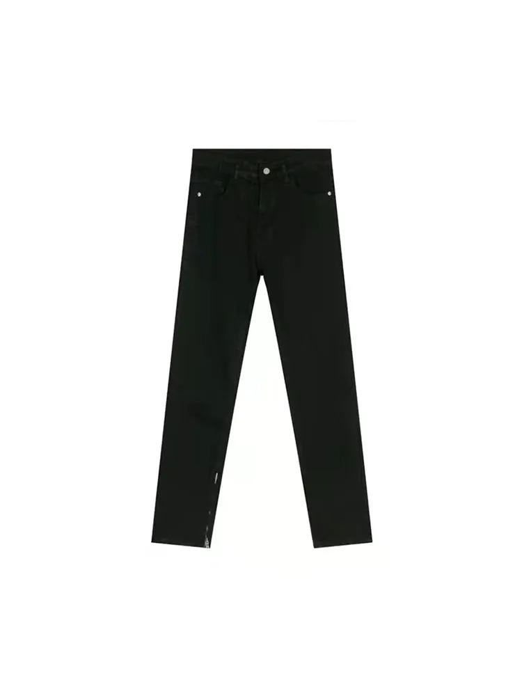 Street Fashion Trousers Stretch Dark Solid Colour Zip Slim Fit Jeans