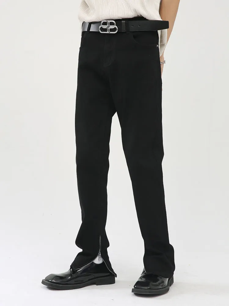 Street Fashion Trousers Stretch Dark Solid Colour Zip Slim Fit Jeans