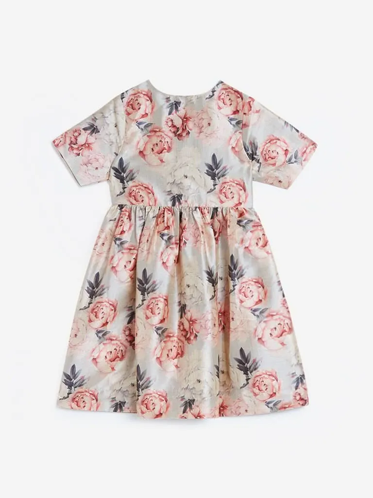 Utsa Kids Peach Floral Fit And Flare Dress