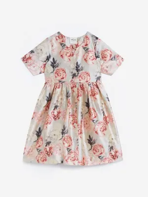 Utsa Kids Peach Floral Fit And Flare Dress