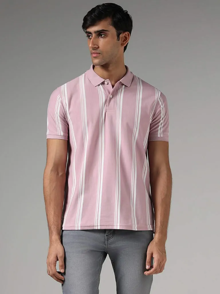 WES Casuals Pink Striped Slim-Fit Polo T-Shirt