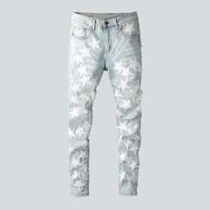 White stars embroidery men's jeans