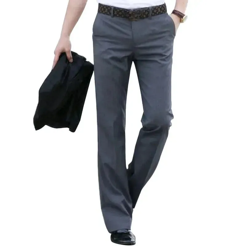 Wiaofellas  -  Men Flared Boot Cut Trousers Fashion Casual British Style Office Comfortable Kahki Black Slim Formal Suit Bottom Pants