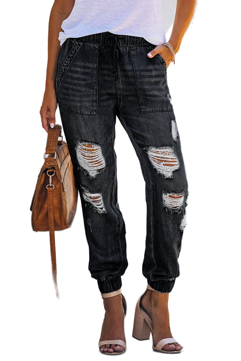 Womens Pocketed Distressed Denim Joggers Boyfriend Pants