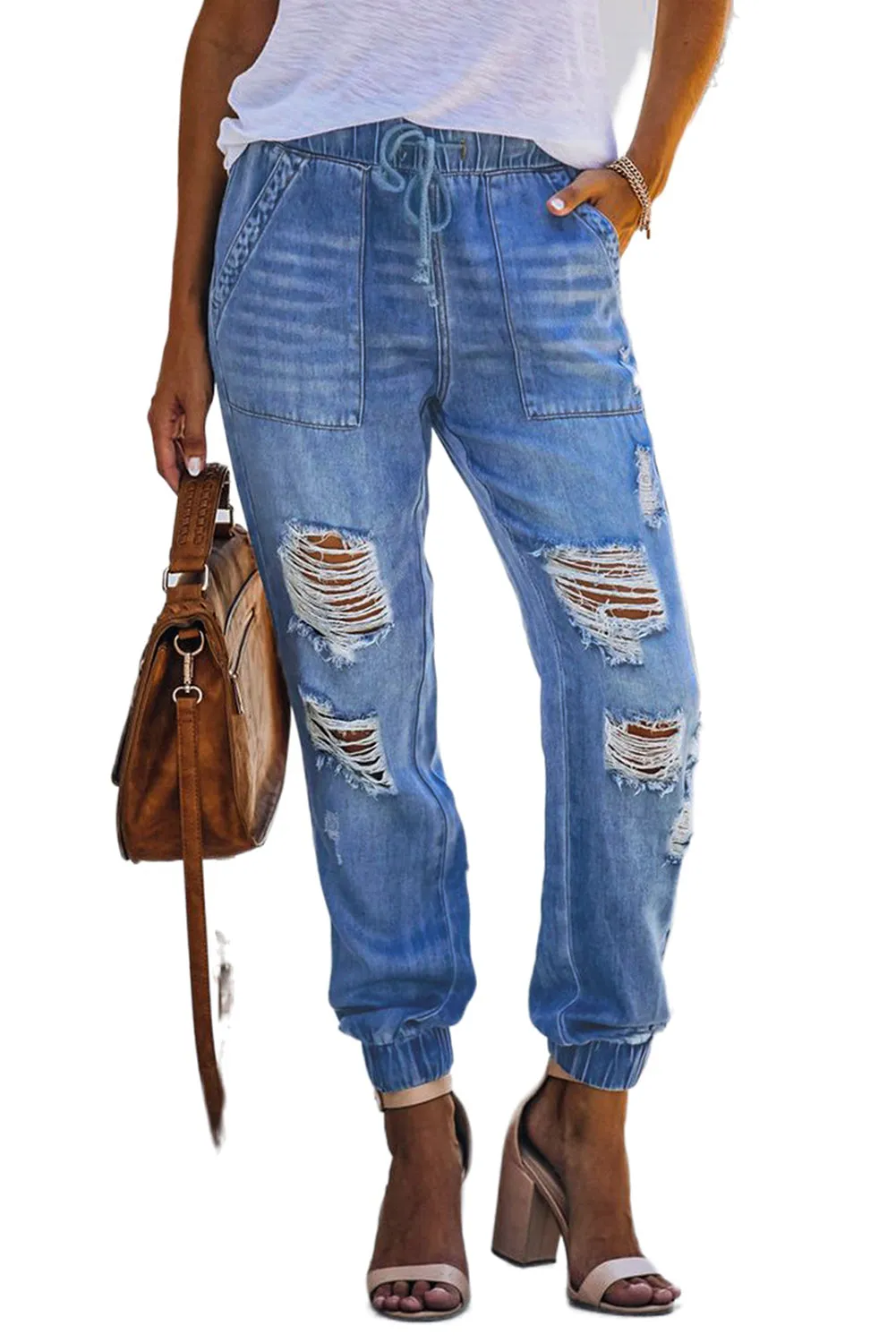 Womens Pocketed Distressed Denim Joggers Boyfriend Pants